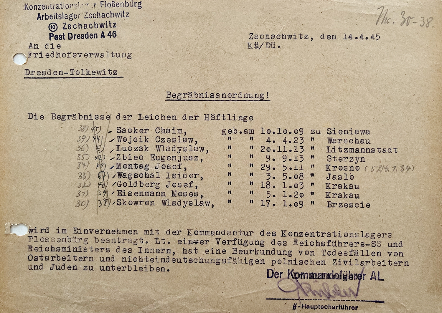 Begräbnisanordnung des KZ Flossenbürg, Außenlager Zschachwitz, an die Verwaltung des Johannisfriedhofs, 14.4.1945
© Sammlung Verwaltung des Elias-, Trinitatis- und Johannisfriedhofs