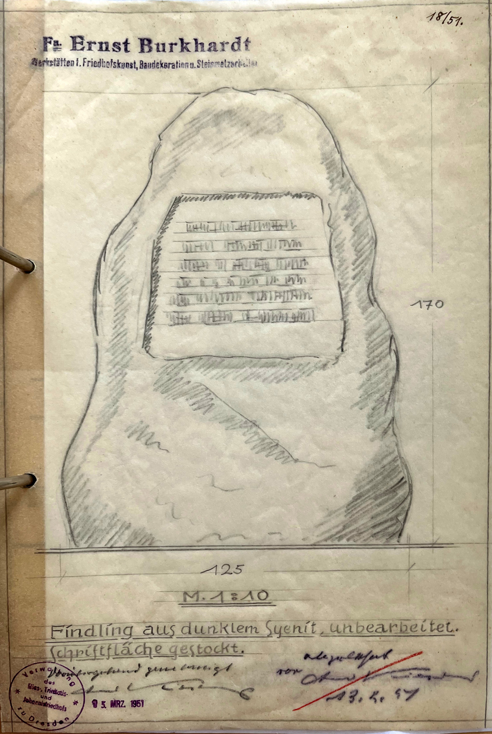 Entwurfsskizze der Firma Ernst Burkhardt, 1951
© Sammlung Verwaltung des Elias-, Trinitatis- und Johannisfriedhofs
