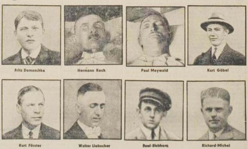 Aufnahmen von acht der neun Getöteten, es fehlt Adolf Sommerfeld. Herrmann Koch und Paul Maiwald wurden auf dem Totenbett fotografiert.
Illustriertes Volksecho, Nr. 5, Januar 1933