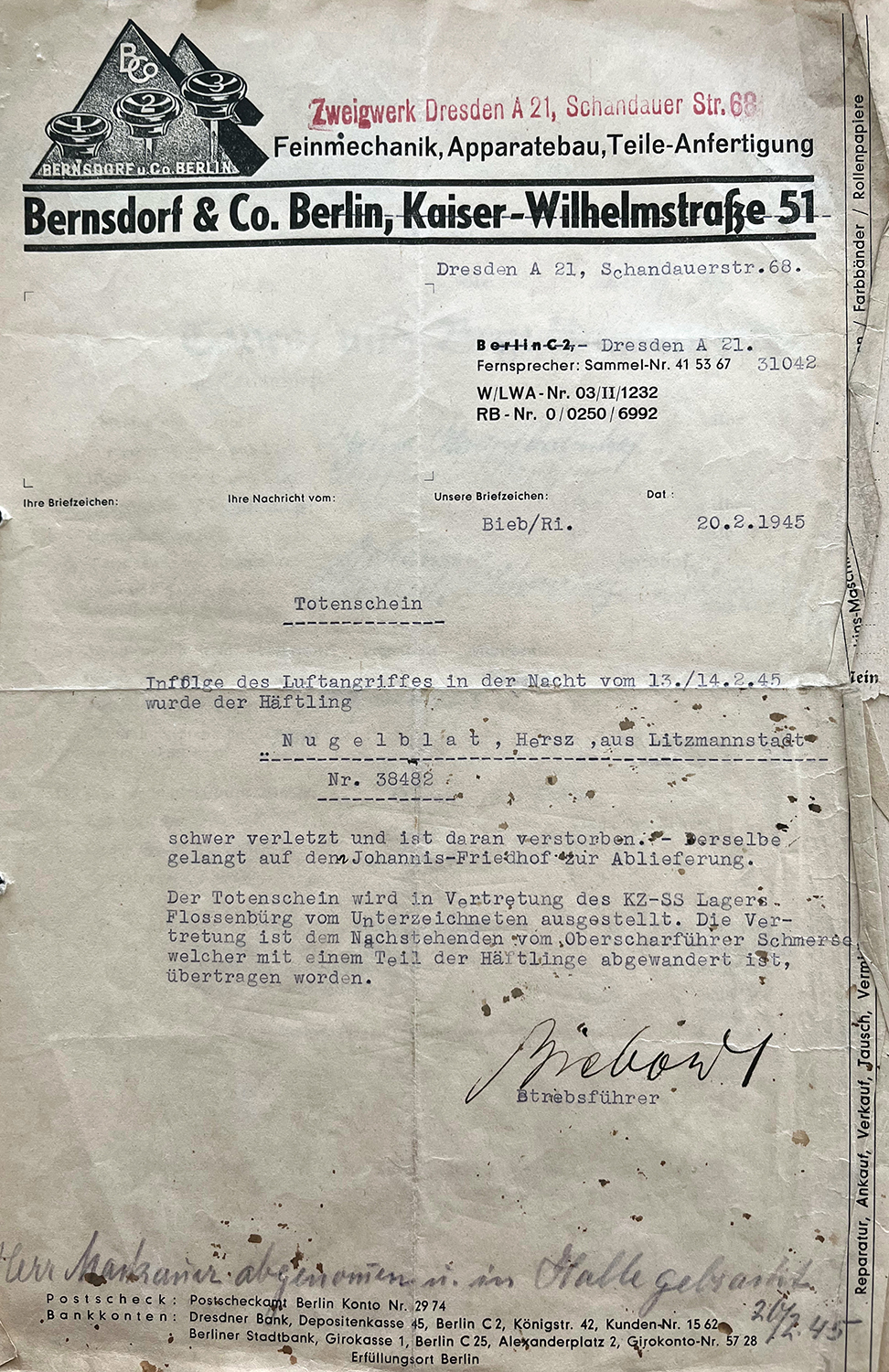 Totenschein für Hersz Nuglblatt, 20. Februar 1945
© Sammlung Verwaltung des Elias-, Trinitatis- und Johannisfriedhofs Totenschein für Hersch Nuglblatt