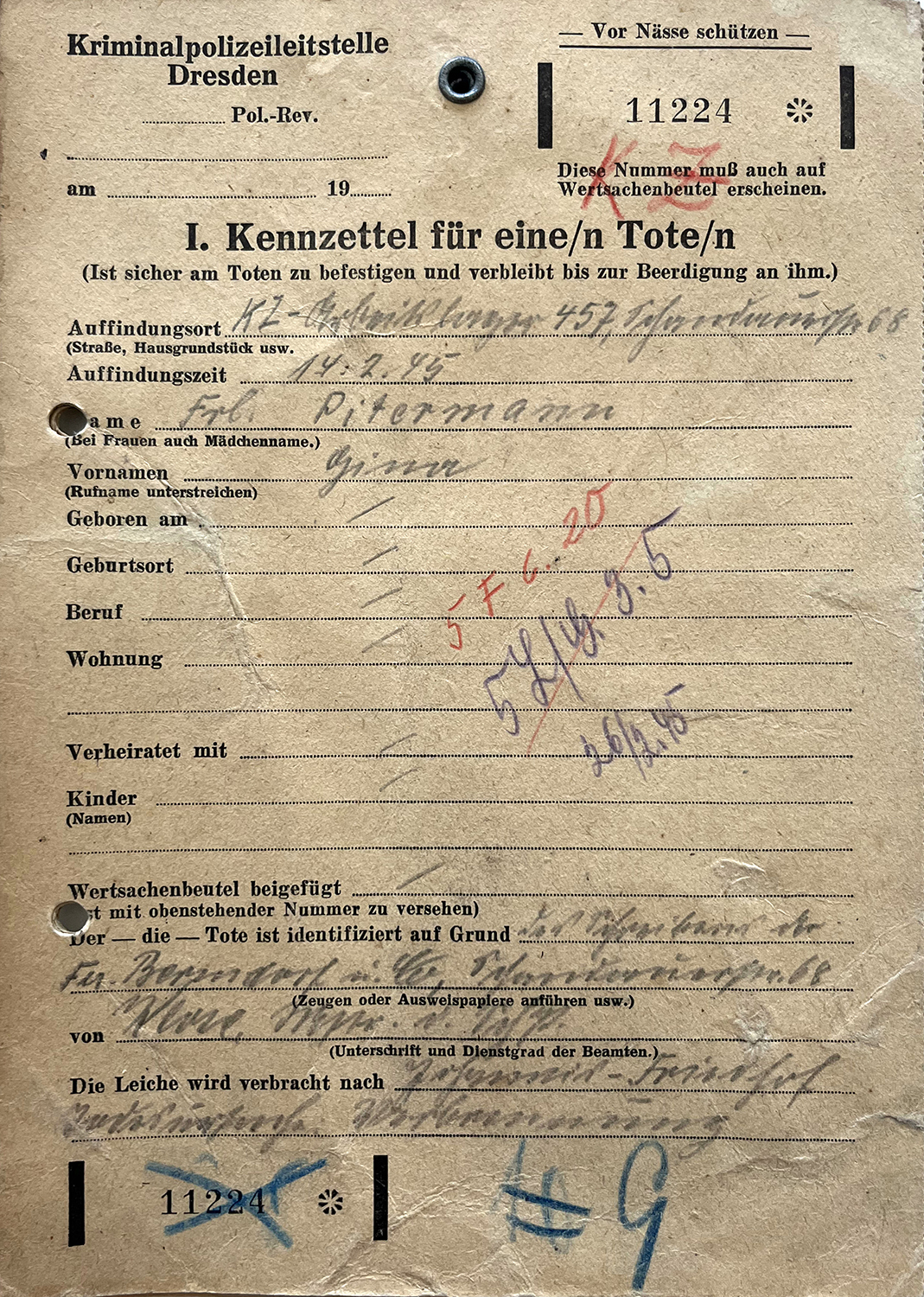 Polizeilicher Kennzettel Gina Pittermann
© Sammlung Verwaltung des Elias-, Trinitatis- und Johannisfriedhofs Polizeilicher Kennzettel für Regina Pittermann