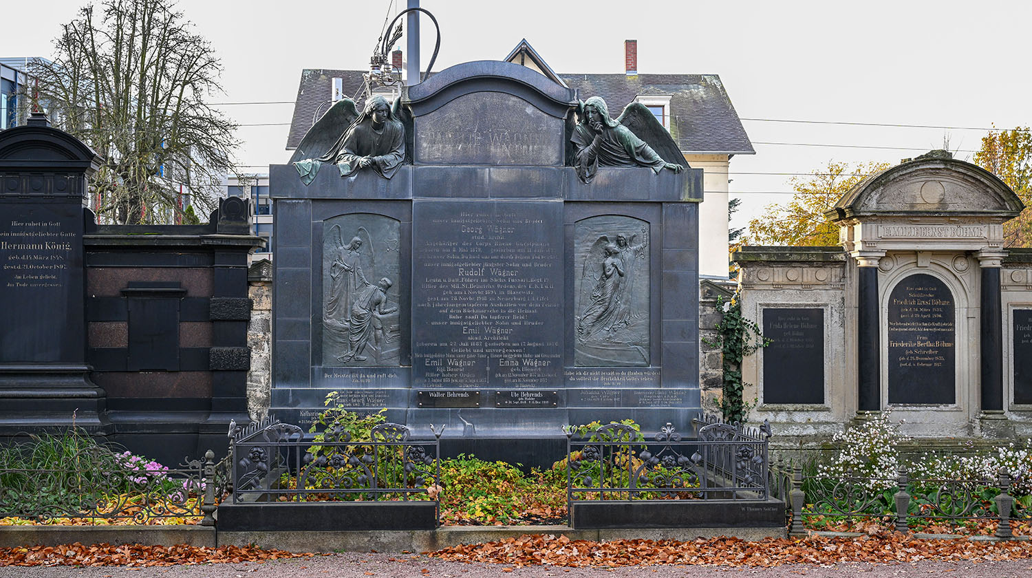 Grab der Familien Behrends, Stierba und Wägner mit Inschrift für Rudolf Wägner (1894–1918)
© StSG/GSMP, Holm Helis, 2025