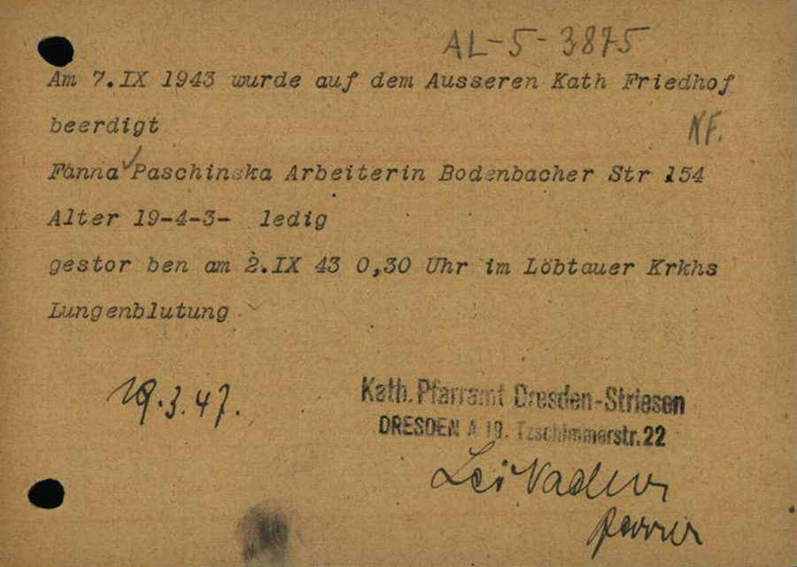 Mitteilung Leo Nadlers vom 19. März 1947 über Tod und Beisetzung von Fanna Paschinska
© Arolsen Archives, ITS Digital Archives
