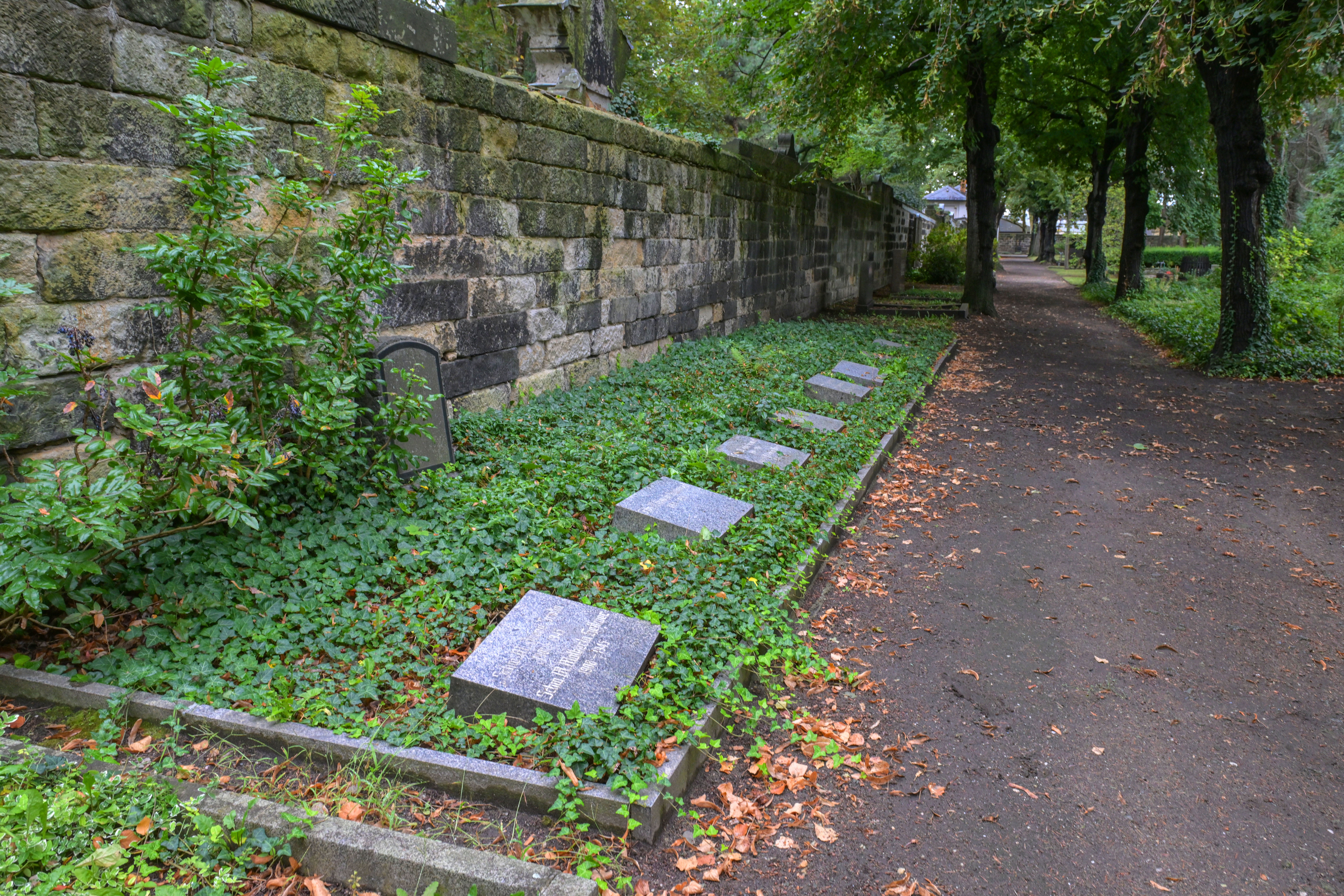 Begräbnisanlage der Barmherzigen Schwestern der Kongregation vom heiligen Karl Borromäus (Borromäerinnen) an der Mauer östlich der Grabfelder H und J
© StSG/GSMP, Holm Helis, 2024