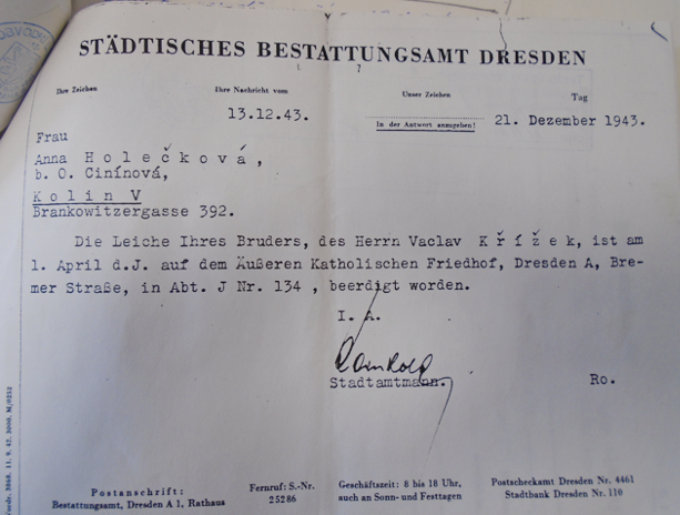 Schreiben des Bestattungsamts Dresden an Anna Holečková, 21.12.1943
© Vojenský ústřední archiv – Vojenský historický archiv