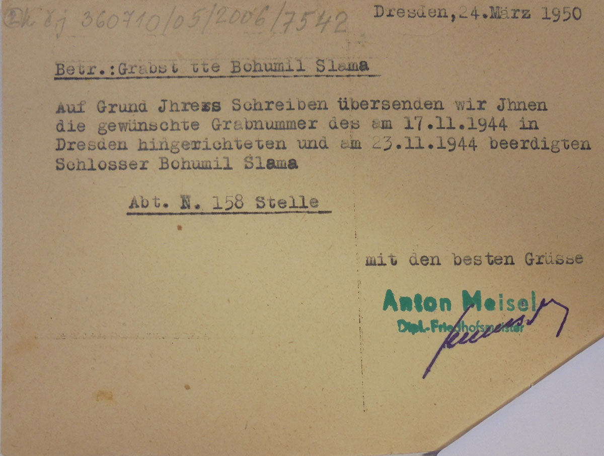 Postkarte von Anton Meisel an Bohumil Slámas Witwe Božena Slámová-Dufková, 24.3.1950 (Rückseite)
© Vojenský ústřední archiv – Vojenský historický archiv